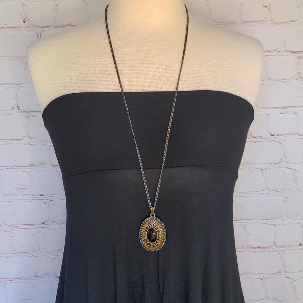 Antiqued Brass Necklace Large Pendant Aqua Black Stones Vintage Style